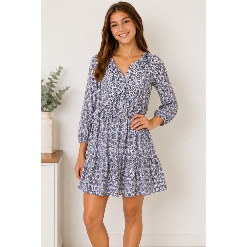 Zara Girls Size 11-12 Floral Ruffle Long Sleeve Boho Mini Dress Blue Cottagecore